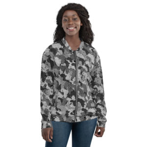 Women’s Bomber Afro Camo Black Distress Jacket