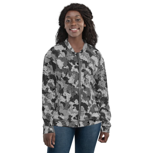 Women’s Bomber Afro Camo Black Distress Jacket