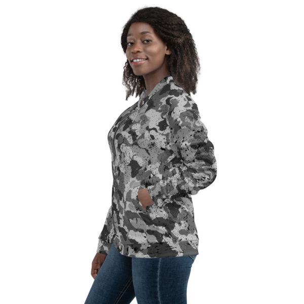 Women’s Bomber Afro Camo Black Distress Jacket