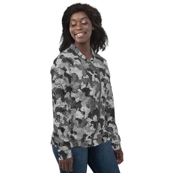 Women’s Bomber Afro Camo Black Distress Jacket