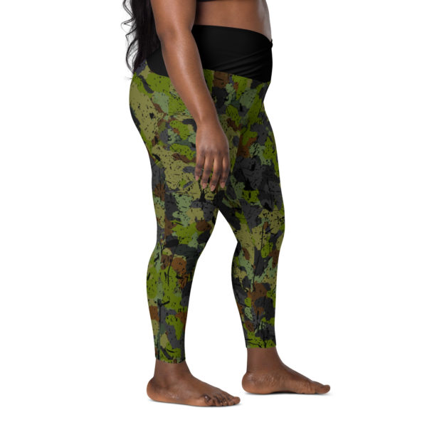 Afro Camo Green With Black High Waisted Crossover Leggings With Pockets