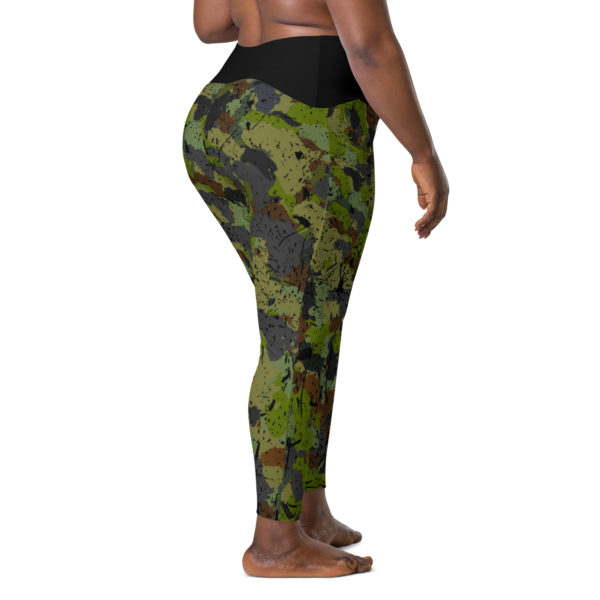 Afro Camo Green With Black High Waisted Crossover Leggings With Pockets