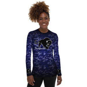 Women’s Rash Guard, Purrfeccion (Blk Pantha), Blue/Black Camouflage